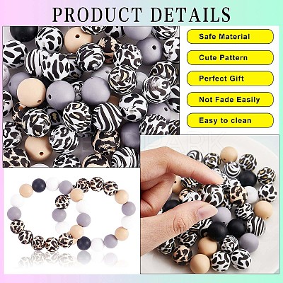 100Pcs 15mm Silicone Beads Cow Print Zebra Print Leopard Print Animal Print Silicone Beads Bulk for Keychain Bracelet Necklace DIY Crafting Making JX311A-1