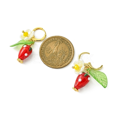 Lampwork Strawberry with Plastic Pearl Flower Dangle Leverback Earring X-EJEW-TA00130-1