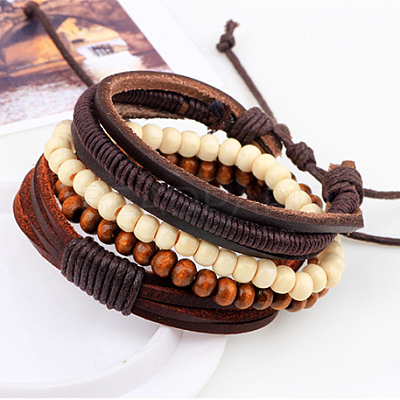 Adjustable Braided Leather Cord Wooden Beaded Multi-strand Bracelets BJEW-P0001-15-1