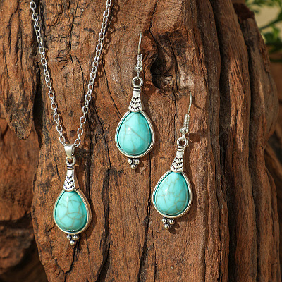 Bohemian Style Alloy & Synthetic Turquoise Pendant Necklaces & Dangle Earrings Sets WG2E1B4-04-1