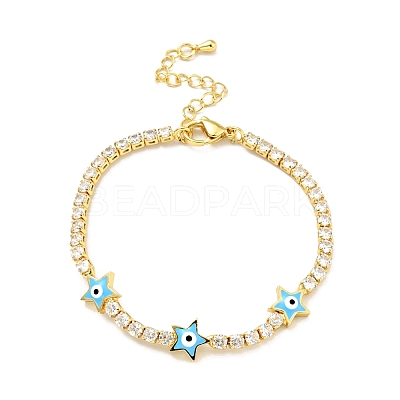 Star with Evil Eye Enamel Link Bracelet with Clear Cubic Zirconia Tennis Chains BJEW-G650-01G-1