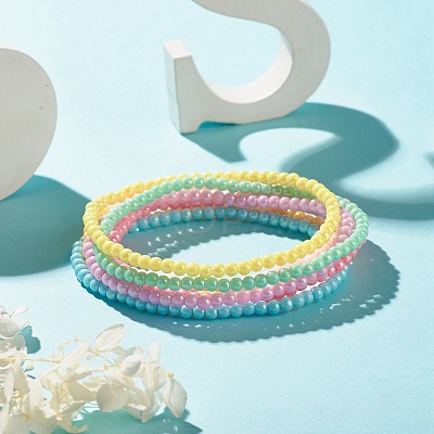 7Pcs 7 Color Candy Color Round Acrylic Beaded Stretch Anklets Set AJEW-AN00488-1