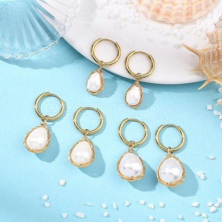Electroplate Shell Pearl Hoop Dangle Earrings for Women EJEW-JE07266-1