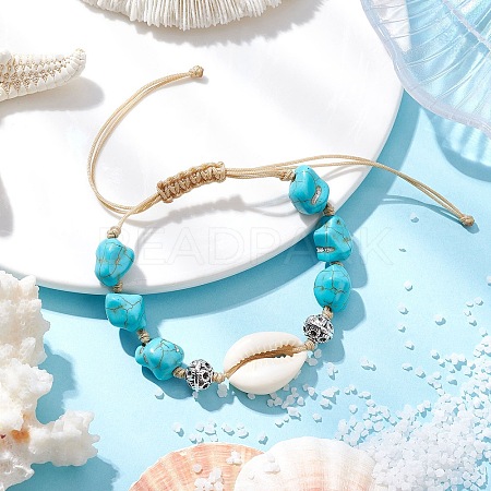 Adjustable Synthetic Turquoise Dyed Beads & Natural Cowrie Shell Beaded Braided Bead Bracelets for Women BJEW-JB11544-01-1