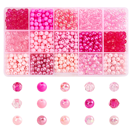 1050Pcs 15 Style Pink Series Round Transparent Plastic & Imitation Pearl Acrylic Beads TACR-CA0001-07-1