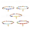 Millefiori Glass Beaded Stretch Bracelet with 304 Stainless Steel Cross Charm for Women BJEW-JB08521-1