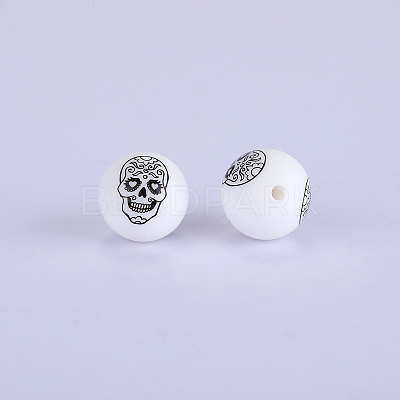 Printed Round with Skull Pattern Silicone Focal Beads SI-JX0056A-196-1