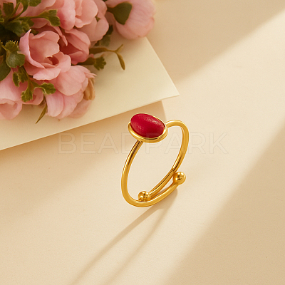 2Pcs 2 Colors Stainless Steel with Synthesis Gemstone Adjustable Cuff Rings RJEW-GO0001-27A-1