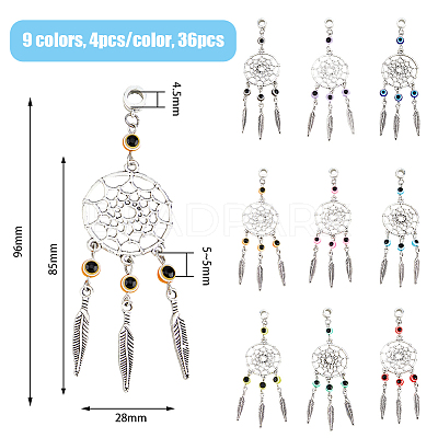36Pcs 4 Colors Tibetan Style Alloy Woven Net/Web with Feather European Dangle Charms HJEW-AB00503-1