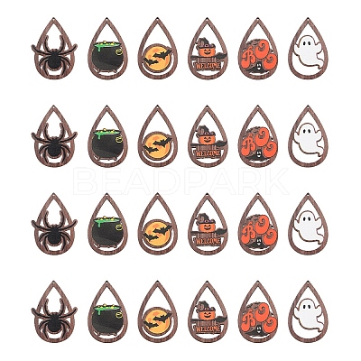 24Pcs 6 Styles Halloween Theme Single Face Printed Aspen Wood Big Pendants WOOD-FS0001-02-1
