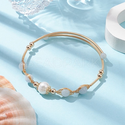 Natural Mixed Stone Round Beaded Cuff Bangle BJEW-JB10113-1