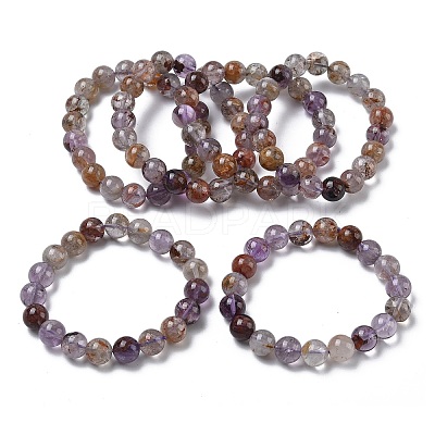 Natural Lodolite Quartz Round Beads Stretch Bracelets for Women BJEW-Z158-03K-02-1