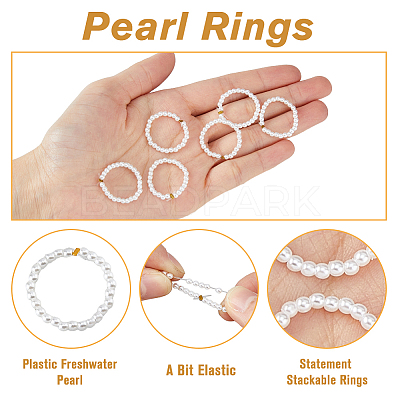 12Pcs Plastic Imitation Pearl & Brass Beaded Stretch Ring RJEW-FI0001-10-1