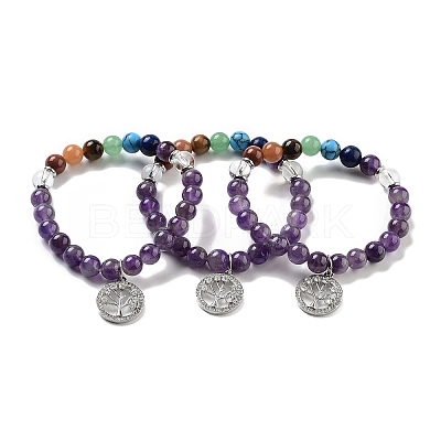 Natural Amethyst Round Beaded Chakra Stretch Bracelets BJEW-K251-01D-1