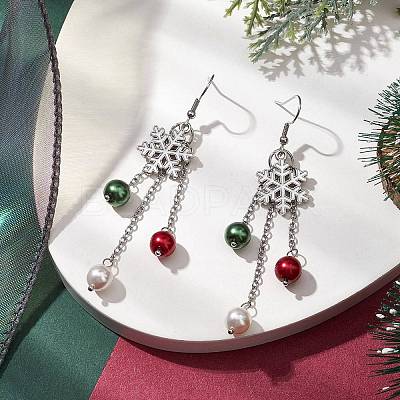 Glass with Alloy Enamel Snowflake Charm Dangle Earrings for Women EJEW-TA00559-1