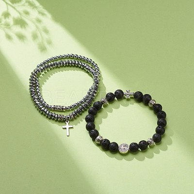 3Pcs 3 Style Natural Lava Rock & Synthetic Hematite Stretch Bracelets Set BJEW-JB08692-1