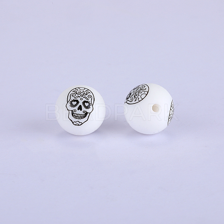 Printed Round with Skull Pattern Silicone Focal Beads SI-JX0056A-196-1