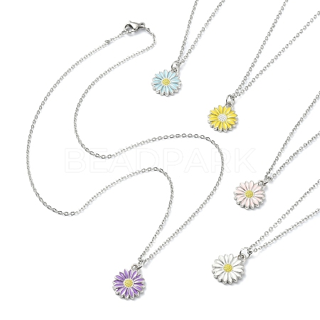 Alloy Enamel Sunflower Pendant Necklace with 304 Stainless Steel Chains NJEW-JN04412-02-1