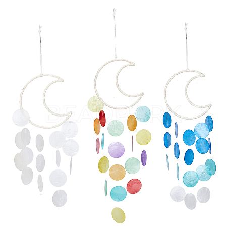 BENECREAT 3Pcs 3 Colors Cotton Cord Wrapped Iron Moon Wind Chimes HJEW-BC0001-55-1