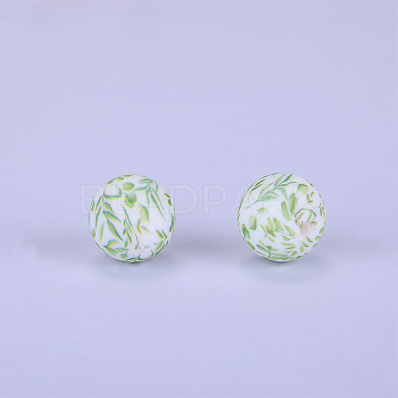 Printed Round with Leaf Pattern Silicone Focal Beads SI-JX0056A-204-1