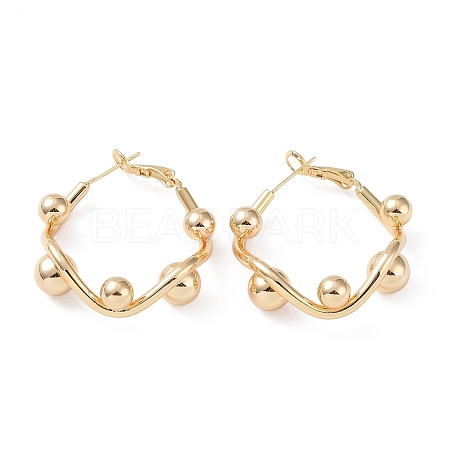 Brass Round Beaded Rhombus Hoop Earrings EJEW-A025-03G-1