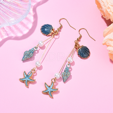 304 Stainless Steel Starfish with Shell Shape Dangle Earrings EJEW-YW00012-01-1