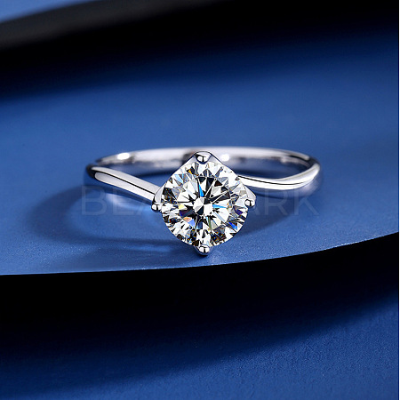 Flat Round Rhodium Plated 925 Sterling Silver Moissanite Finger Rings for Women WG84544-15-1