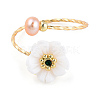 Natural Pearl with Shell Flower Open Cuff Ring RJEW-T026-03G-4