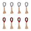 Crafans 8Pcs 2 Colors Tartan Pattern Wood Beads & Jute Tassel Napkin Rings AJEW-CF0001-06-1