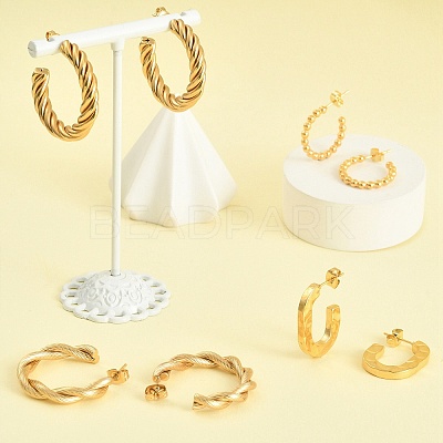 4 Pairs 4 Style 304 Stainless Steel Twist Rope & Oval & Ball Beaded C-shape Stud Earrings EJEW-TZ0001-01-1