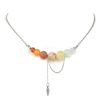 Natural Carnelian & Red Agate & Quartz Crystal Round Graduated Beaded Pendant 304 Stainless Steel Cable Chain Necklaces for Women NJEW-TA00242-01-1