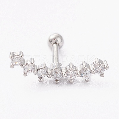 Brass Micro Pave Clear Cubic Zirconia Barbell Cartilage Earrings X-AJEW-P017-09P-1