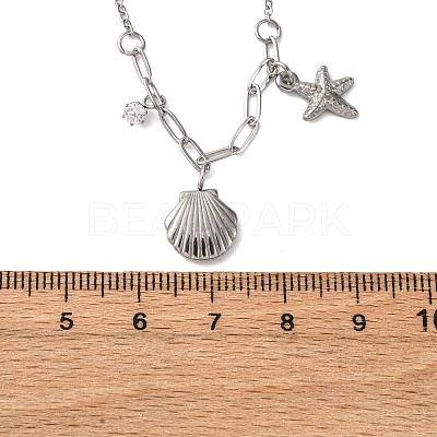 Shell Shape & Starfish 304 Stainless Steel Rhinestone Pendant Necklaces for Women LS-NJEW-M107-02P-1