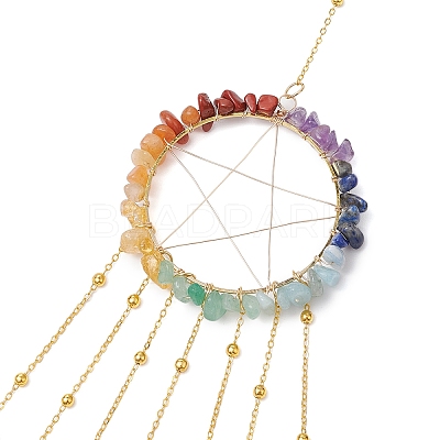 Wire Wrapped Chakra Natural Gemstone Chips Ring with Star Hanging Ornaments HJEW-JM02367-1