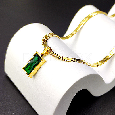 Stainless Steel Green Cubic Zirconia Rectangle Pendant Necklaces for Women WGBD318-01-1