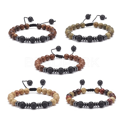 Natural Lava Rock & Wood Braided Bead Bracelet BJEW-JB08537-1