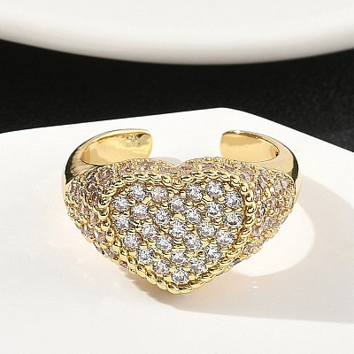 Heart Brass Micro Pave Cubic Zirconia Cuff Rings for Women RJEW-A069-11G-01-1