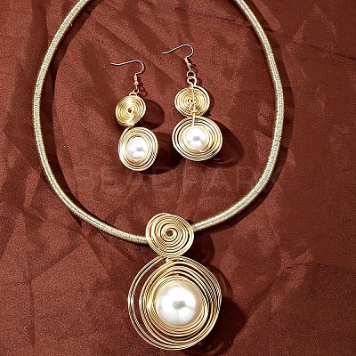 Oval Aluminum Wire Wrapped Acrylic Imitation Pearl with Imitation Leather Pendant Necklaces & Dangle Earrings Sets FS-WG4644F-01-1