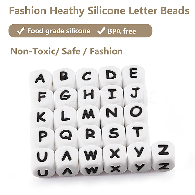 20Pcs White Cube Letter Silicone Beads 12x12x12mm Square Dice Alphabet Beads with 2mm Hole Spacer Loose Letter Beads for Bracelet Necklace Jewelry Making JX432F-1