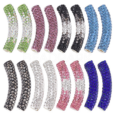 16Pcs 8 Style Brass Rhinestone & Polymer Clay Rhinestone Curved Tube Beads RB-SC0001-07-1