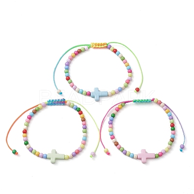 Cross & Round Acrylic Braided Bead Bracelets BJEW-JB10239-02-1