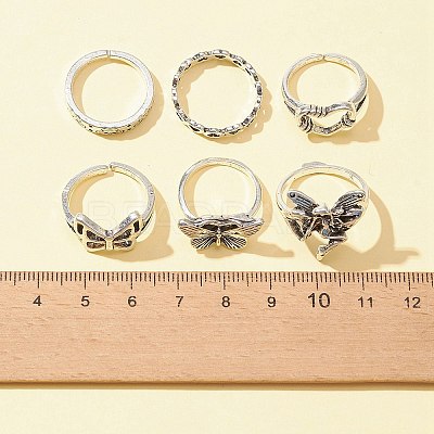 6Pcs 6 Style Butterfly & Heart & Chain Shape Alloy Stackable Rings Set RJEW-FS0001-05A-1
