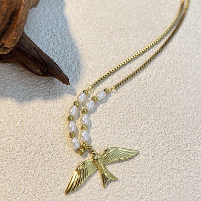 304 Stainless Steel & Plastic Imitation Pearl Bird Pendant Necklaces for Women NJEW-P330-02G-1