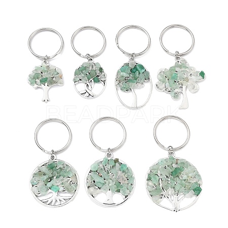 Natural Green Aventurine Chip & Alloy Tree of Life Pendant Keychain KEYC-JKC00648-02-1