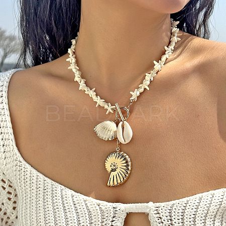 Alloy & Plastic Pearl & Natural Shell Pendant Necklaces FS-WG9F39A-05-1
