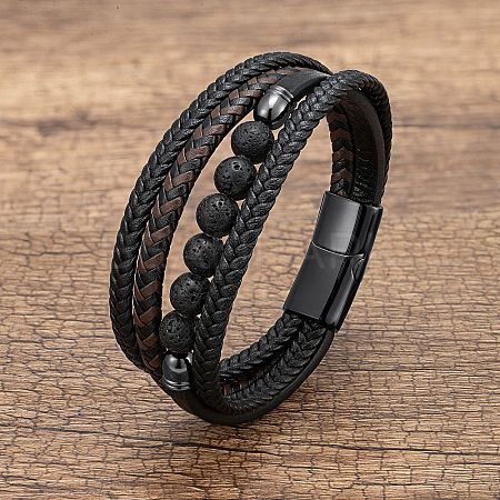 Natural Lava Rock Round Beads & Braided Imitation Leather Cord Bracelets for Men FS-WGCE7B3-02-1