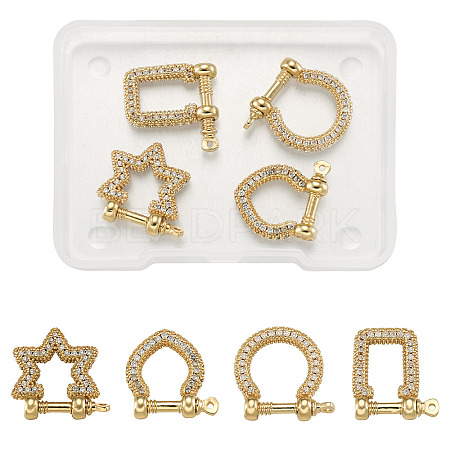 4Pcs 4 Style Brass Micro Pave Clear Cubic Zirconia D-Ring Anchor Shackle Clasps ZIRC-PJ0001-02-1