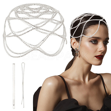 Rhinestone Mesh Headpiece Cap AJEW-WH0413-82C-1