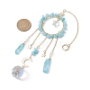 Natural Dyed Jade Imitation Aquamarine Chip Pendant Decorations with Brass Moon & Cable Chain & Electroplated Quartz Crystal Tassel HJEW-JM01650-02-3