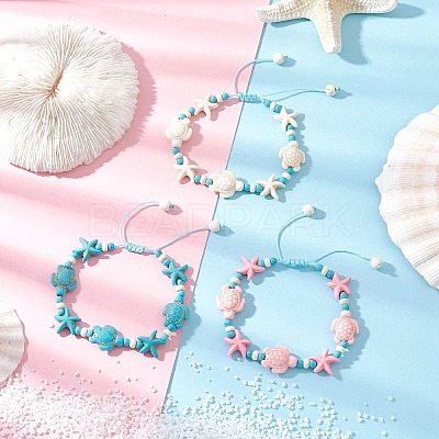 3Pcs 3 Styles Starfish & Turtle Synthetic Turquoise Beads Braided Bead Bracelets for Women BJEW-JB12130-1